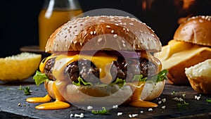 Delicious hamburger oozing melted cheese sandwiched between