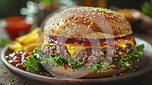 Delicious hamburger is placed on a plate, accompanied by a serving of crispy french fries