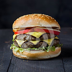 Delicious hamburger presented on a dark background, appetizing
