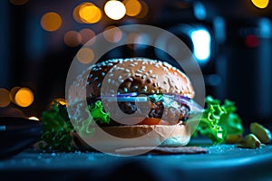 Delicious hamburger on a table with defocus background, ai generative illustration