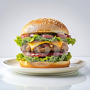 Delicious hamburger on white plate.Ready to eat.Hamburger with cheese, lettuce, tomato and onion on white background