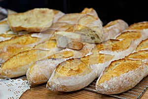 Delicious handmade baguettes in bakery window