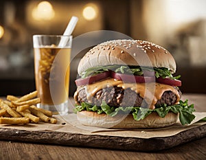 delicious handmade burger with cool soda and fries