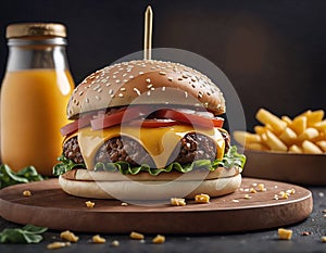 delicious handmade burger and fries for eat on pub