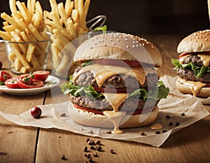 delicious handmade burger, tomatoes and a lot of fries