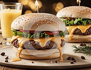 delicious handmade burger, tomatoes and a lot of fries, served with orange juice