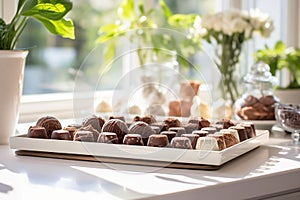 Delicious handmade chocolates candy in white plate, tray on windowsill with flowers on sunny day