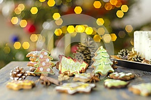 Delicious handmade ginger cakes on bokeh background