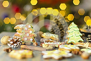 Delicious handmade ginger cakes on bokeh background