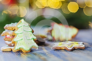 Delicious handmade ginger cakes on bokeh background