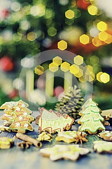 Delicious handmade ginger cakes on bokeh background