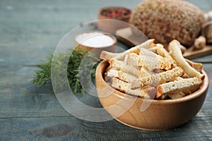 Delicious hard chucks on light blue wooden table. Space for text