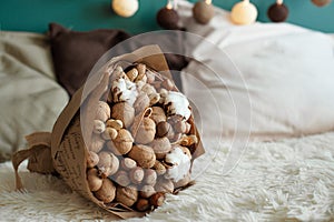 Delicious and healthy bouquet, composition of walnut and hazel, excellent gift for all occasions, concept of healthy
