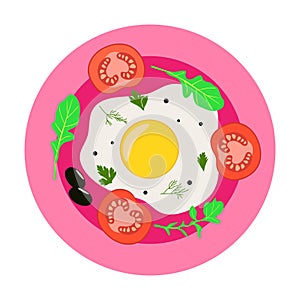 Delicious healthy breakfast - egg with tomatoes and herbs on a plate. Delicious and nutritious morning meal. Vector