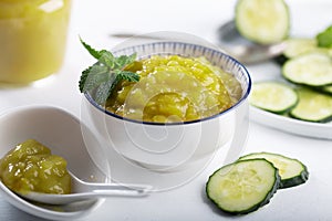 A delicious healthy breakfast with homemade cucumber jam and its ingredients