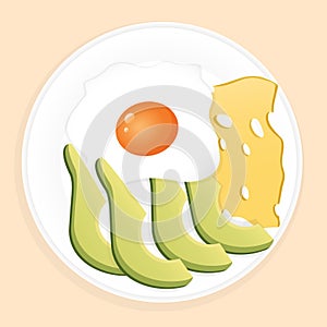 Delicious, healthy breakfast plate with avocado slices, cheese and fried egg. Vector illustration of a healthy breakfast