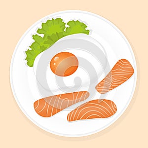Delicious, healthy breakfast plate with fried egg, salmon slices, and lettuce. Vector illustration of a healthy