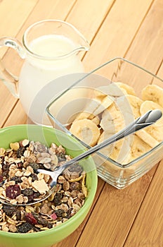 Delicious and healthy cereal in bowl with milk