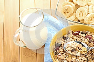 Delicious and healthy cereal in bowl with milk