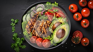 Delicious and healthy chicken avocado salad bowl, perfect for nutritious meal. Can be used for food