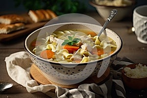 Delicious and healthy chicken noodle soup on a rustic table