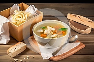 Delicious and healthy chicken noodle soup on a rustic table