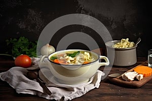 Delicious and healthy chicken noodle soup on a rustic table