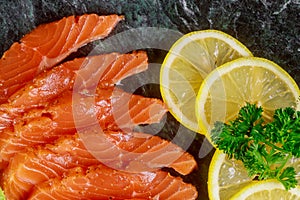 Delicious of healthy food on the plate salmon, lemon nutritious lunch or dinner