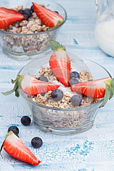 Delicious and healthy granola or muesli with nuts, raisins and b