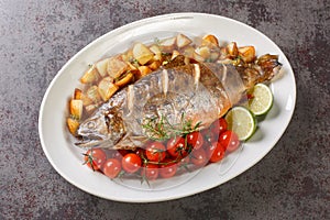 Delicious healthy grilled whole fish arctic char served with fried potatoes, cherry tomatoes and lime close-up on a dish.