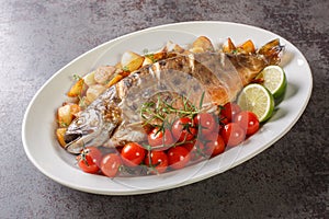 Delicious healthy grilled whole fish arctic char served with fried potatoes, cherry tomatoes and lime close-up on a dish.