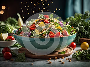 Delicious healthy salad, floating, leafy greens, vegetables, fruits, nuts, seeds, dressing, cinematic ads photo