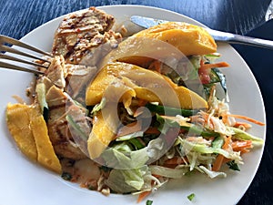 Delicious Healthy Thai Food Plate with Mango, Grilled Chicken and Salad