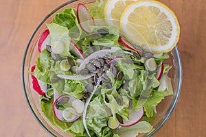 Delicious healthy vegetarian lettuce salad, with red and white radish, spring garlic, lemon slices and basil,