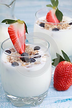 Delicious and healthy yogurt with granola or muesli with nuts,