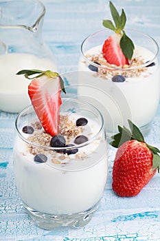 Delicious and healthy yogurt with granola or muesli with nuts, r