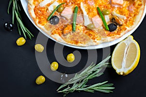 Delicious and hearty seafood pizza