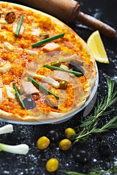 Delicious and hearty seafood pizza