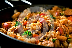 Delicious home cooked jambalaya in a cast iron skillet. Traditional specialty of Louisiana and other Southerns states