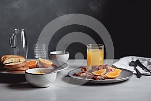 A delicious home-style breakfast with crispy bacon, eggs, pancakes, toast, coffee, and orange juice AI generated