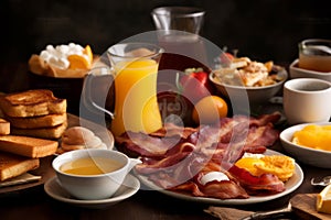 A delicious home-style breakfast with crispy bacon, eggs, pancakes, toast, coffee, and orange juice AI generated