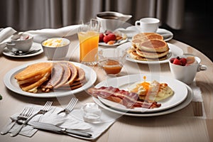 A delicious home-style breakfast with crispy bacon, eggs, pancakes, toast, coffee, and orange juice AI generated