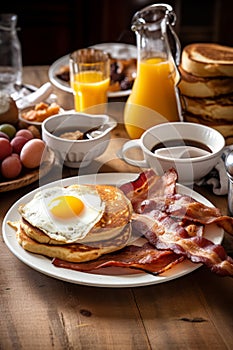 A delicious home-style breakfast with crispy bacon, eggs, pancakes, toast, coffee, and orange juice AI generated