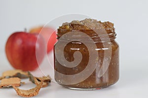 Delicious homemade apple jam in glass jar