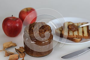 Delicious homemade apple jam in glass jar