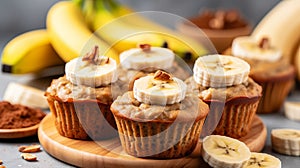delicious homemade banana muffins easy recipe concept on blurred kitchen background