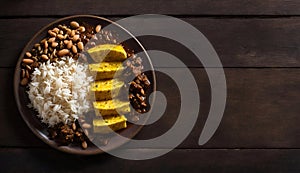 Delicious Homemade Beans, Plantains, and Meat on Wooden Background, Copy Space