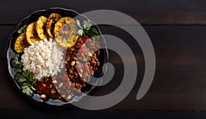 Delicious Homemade Beans, Plantains, and Meat on Wooden Background, Copy Space