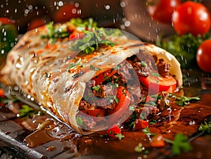 Delicious Homemade Beef Burrito with Fresh Vegetables, Herbs and Zesty Salsa Garnished Beautifully on a Rustic Tray