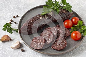 Delicious homemade blood sausage with garlic and spices